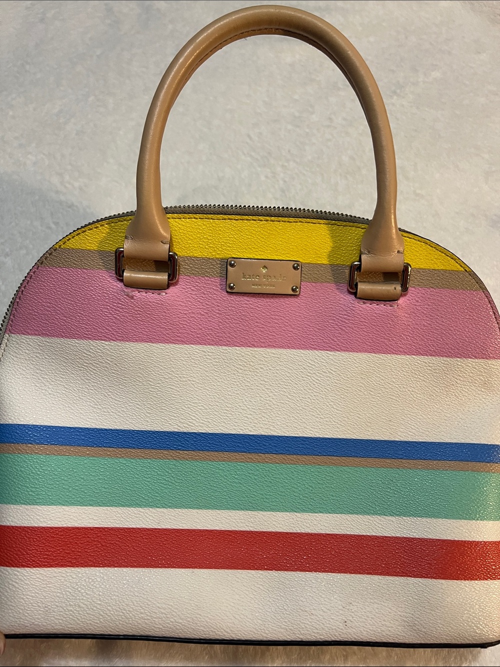 kate spade Striped Dome Satchel in Pink, Yellow, Blue, Green, Red, Tan